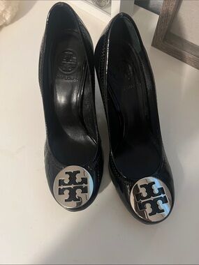 Tory Burch Black Patent Wedges with Silver Logo Medallions